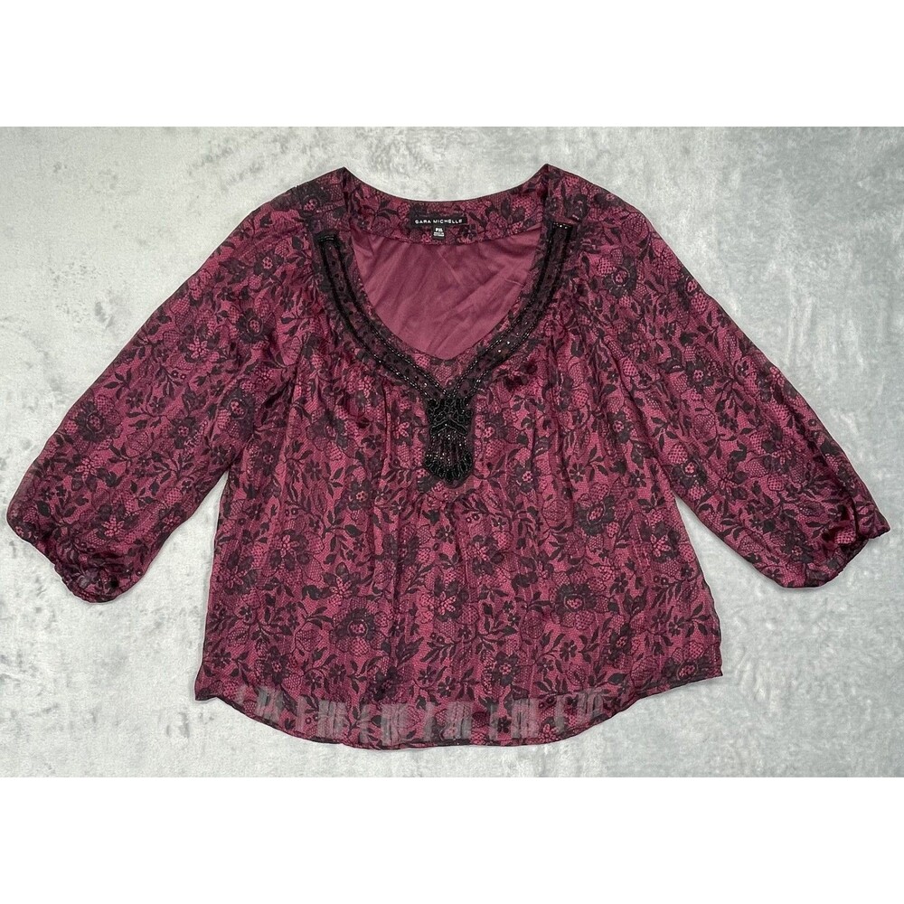 Sarah Michelle XL Red and Black with sheer sleeves Woman's Blouse